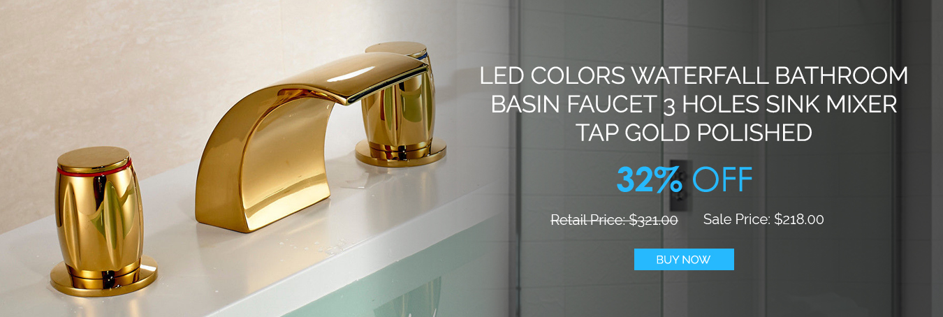 LED Colors Waterfall Bathroom Basin Faucet 3 Holes Sink Mixer Tap Gold Polished